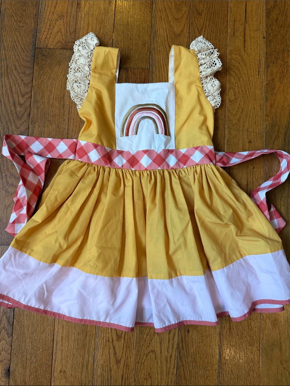 Girls Yellow Rainbow Sundress with Pink Gingham Sash